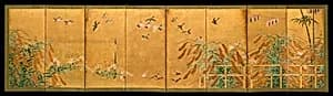 伝狩野山楽筆　粟に小禽図屏風|Autumn Millet and Small Birds by Kano Sanraku