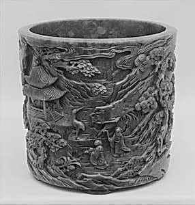 清中期 玉雕人物圖筆筒|Brush pot with Daoist paradise by Unknown Artist