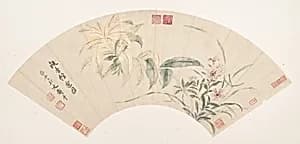 清　惲壽平　花卉圖　摺扇|Carnations and amaranthus by Yun Shouping