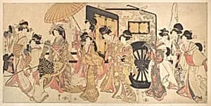 喜多川歌麿画 御所車見立て行列|Courtesans Imitating a Court Procession by Kitagawa Utamaro