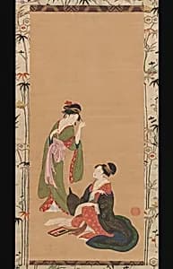 琴風舎豊麿筆　見立寒山拾得図|Courtesans Parodying Kanzan and Jittoku by Kinpūsha Toyomaro