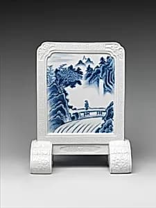 染付山水図硯屏|Desk Screen with Chinese Landscape by Unknown Artist