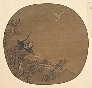 南宋？ 佚名 舊傳易元吉 三猿得鷺圖 團 扇頁|Gibbons Raiding an Egret's Nest by Yi Yuanji|Unidentified artist