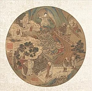 明 佚名 觀音羅漢圖 扇|Guanyin and the sixteen luohans by Unidentified artist
