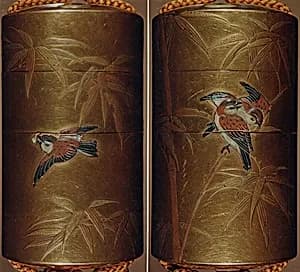 竹雀蒔絵印籠　銘「見行」|Inrō with Sparrows and Bamboo by Unknown Artist