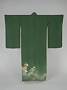 緑綸子地鶏頭模様着物|Kimono with Cockscomb Flowers by Unknown Artist