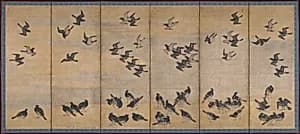 叭々鳥図屏風|Mynah Birds by Unidentified artist
