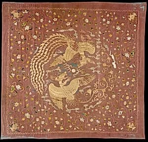 元 團鳳紋繡片|Panel with Phoenixes and Flowers by Unknown Artist
