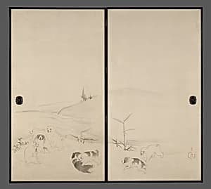 長澤蘆雪筆　雪中狗子図襖|Puppies in the Snow by Nagasawa Rosetsu 長澤蘆雪