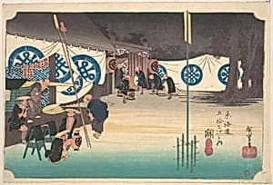 東海道五十三次之内　関　本陣早立|Seki, Honjin Sotatsu by Utagawa Hiroshige