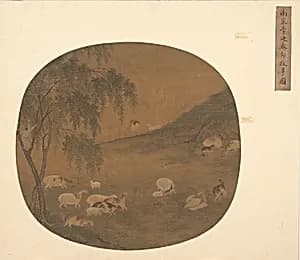 元末明初 佚名牧羊圖團扇頁 絹本設色|Sheep and herd boy by Unidentified artist