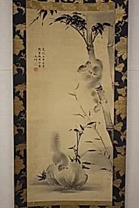 竹に栗鼠図|Squirrels on Bamboo and Rock by Mochizuki Gyokusen 望月玉川|Yongtian 用田