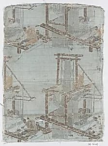 高機模様裂|Textile fragment with incomplete repeating pattern of loom, weaver, and drawboy by Unknown Artist