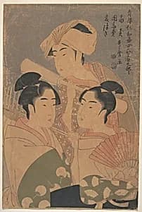 青楼仁和嘉女芸者之部　扇売　団扇売　麦つき|The Niwaka Performers by Kitagawa Utamaro