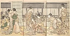 契情三人酔　三幅之内　腹立上戸　泣上戸　笑上戸|Three Intoxicated Courtesans by Kitagawa Utamaro