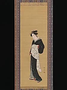 勝川春章筆　立姿美人図|Woman in a Black Kimono by Katsukawa Shunshō 勝川春章