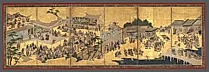 狩野孝信工房作　女歌舞伎図屏風|Women’s Kabuki by Kano Takanobu
