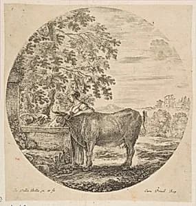 A peasant woman with a cow at a fountain decorated with the Medici arms, from "Six animal subjects" (Six sujets d'animaux) by Stefano della Bella