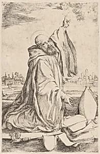 A sainted bishop of the Benedictine order kneeling towards the right and pointing at the heavens by Giuseppe Caletti, called Cremonese