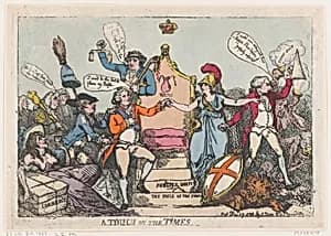 A Touch on the Times by Thomas Rowlandson|S. W. Fores|Charles James Fox|William Pitt|Richard Brinsley Sheridan|George, Prince of Wales