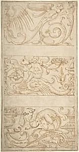 Antique-Style Ornamental Frieze Designs: Grotesques with Winged Infant, Masks, and Fantastic Animals by Anonymous, Italian, 16th century