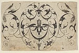 Blackwork Design for Goldsmithwork with Grotesques, Garlands, and Birds by Mathais Beitler