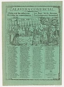 Broadsheet relating to commerical/business skeletons (Calavera Comercial) and charlatanism, many skeletons gather around a candle vendor by Antonio Vanegas Arroyo|J. Cortés
