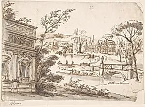 Classical Landscape with Temples (recto); Indecipherable sketch, possibly of a seated figure (verso) by Robert Adam