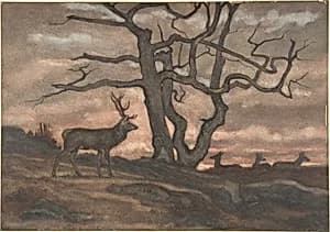 Deer and Tree Against Sunset by Antoine-Louis Barye
