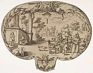 Fan design, with figures eating outdoors by Valerio Spada