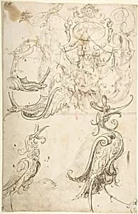 Fantastical creatures, birds, and strapwork cartouche (recto); grotesque mask and kneeling priest (verso) by Andrés de Melgar