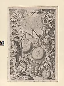 Frontispiece: mythological figures weigh astronomical theories, from "The New Almagest" (Almagestum Novum) by Giovanni Battista Riccioli|Francesco Curti