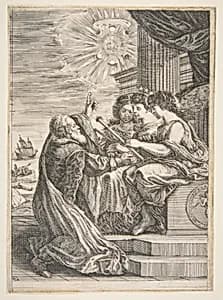 Galileo and personifications of Astronomy, Perspective and Mathematics, frontispiece for 'Opere di Galileo Galilei' by Stefano della Bella|Galileo Galilei