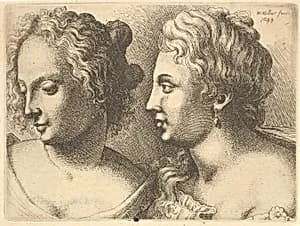 Heads of two young women by Leonardo da Vinci|Wenceslaus Hollar