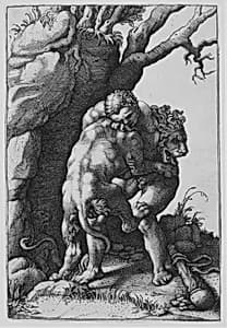 Hercules and the Nemean Lion by Adamo (Ghisi) Scultori|Giulio Romano