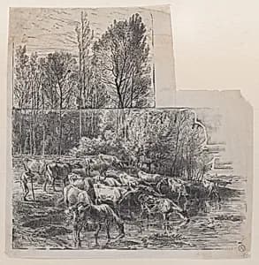 Herdsman and Cattle at Ford by Charles Jacque