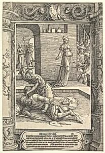 Jael Killing Sisera, ornamental frame by Lucas van Leyden