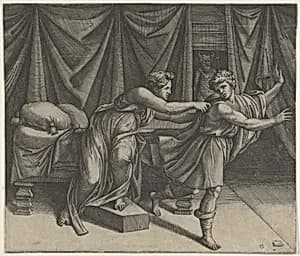 Joseph fleeing from Potiphar's wife by Marcantonio Raimondi|Raphael (Raffaello Sanzio or Santi)
