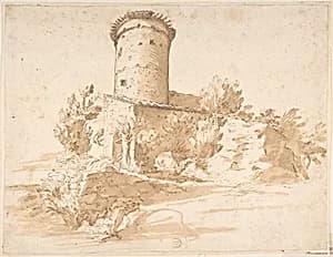 Landscape with Cylindrical Tower by Anonymous, Italian, Roman-Bolognese, 17th century