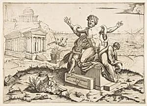 Laocoön and his two sons being attacked by serpents upon a pedestal, a temple to Minerva behind them, another temple and the sea in the background by Marco Dente