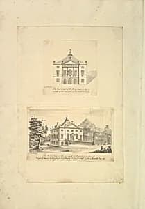 Leaf from Aedes Walpolinae mounted with (a): Elevation of Back Facade of the Kings House, Richmond, Surrey and (b): Perspective View of the Entrance Front of the Kings House, Richmond, Surrey by Augustus Heckel|Henry Herbert, 9th Earl of Pembroke