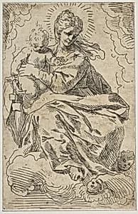 Madonna and child on clouds by Simone Cantarini