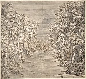 Ornamental Theater Scene with Trees by Anonymous, Italian, 17th or 18th century
