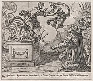 Plate 112: Agamemnon Sacrificing Iphigenia (Iphigenia Agamemnoni immolanda, à Diana (cerva eius in locum substituta) surripitur), from Ovid's 'Metamorphoses' by Antonio Tempesta
