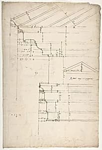 Portico Octavia, pediment and entablature, elevation; pediment, elevation (recto) Temple of Antoninus and Faustina, entablature, elevation (verso) by Anonymous, French, 16th century