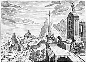 Rocky Landscape with Antique Buildings by Johann Sadeler I