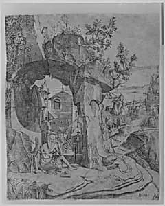 Saint Jerome seated beneath a rocky arch by Benedetto Montagna