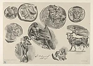 Sheet of Nine Antique Coins by Eugène Delacroix