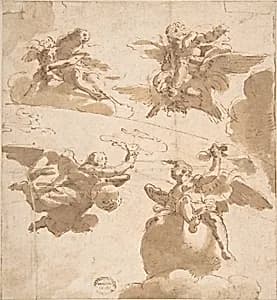 Studies of Figures on Clouds by Anonymous, Italian, Roman-Bolognese, 17th century