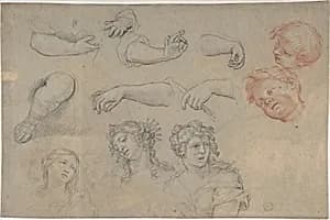 Studies of Heads and Hands by Anonymous, French, 17th century